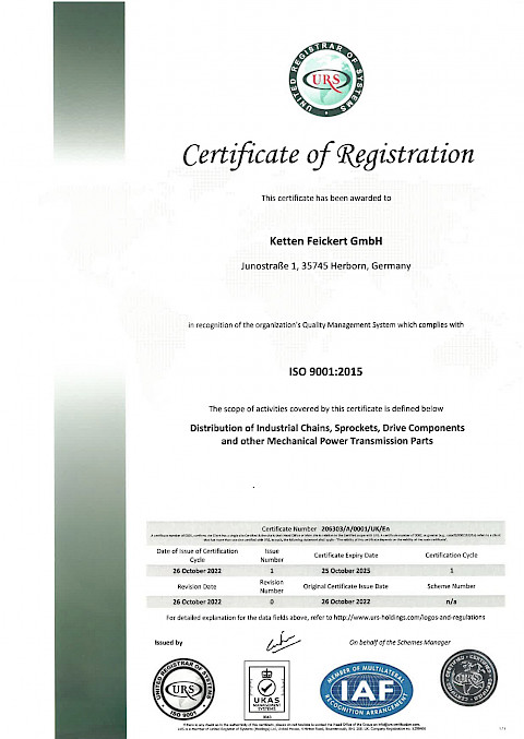 Ketten Feickert GmbH ISO 9001:2015 certificate 2022